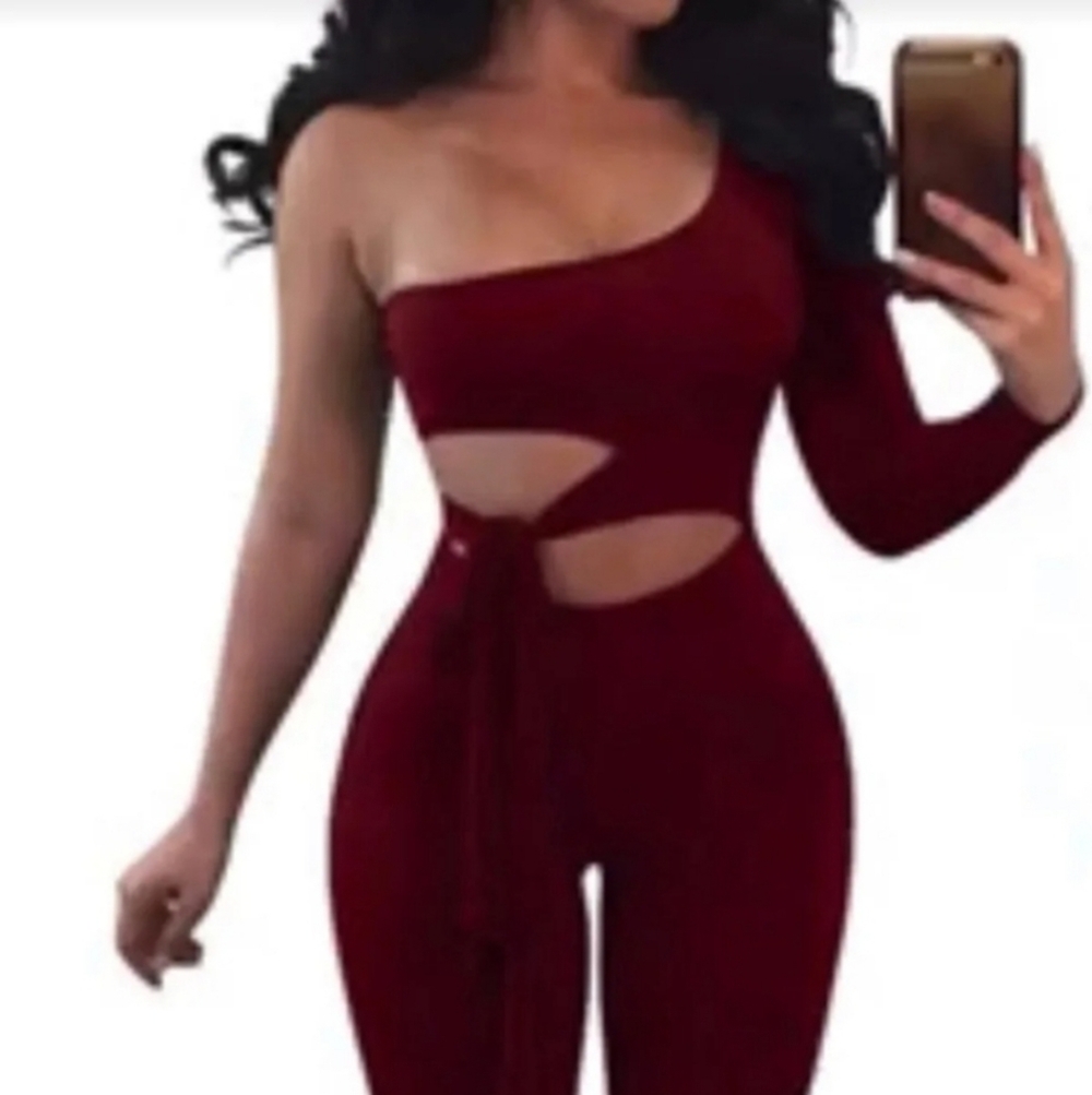 F H Fashion Burgundy One Shoulder Cutout Jumpsuit Tie Waist
